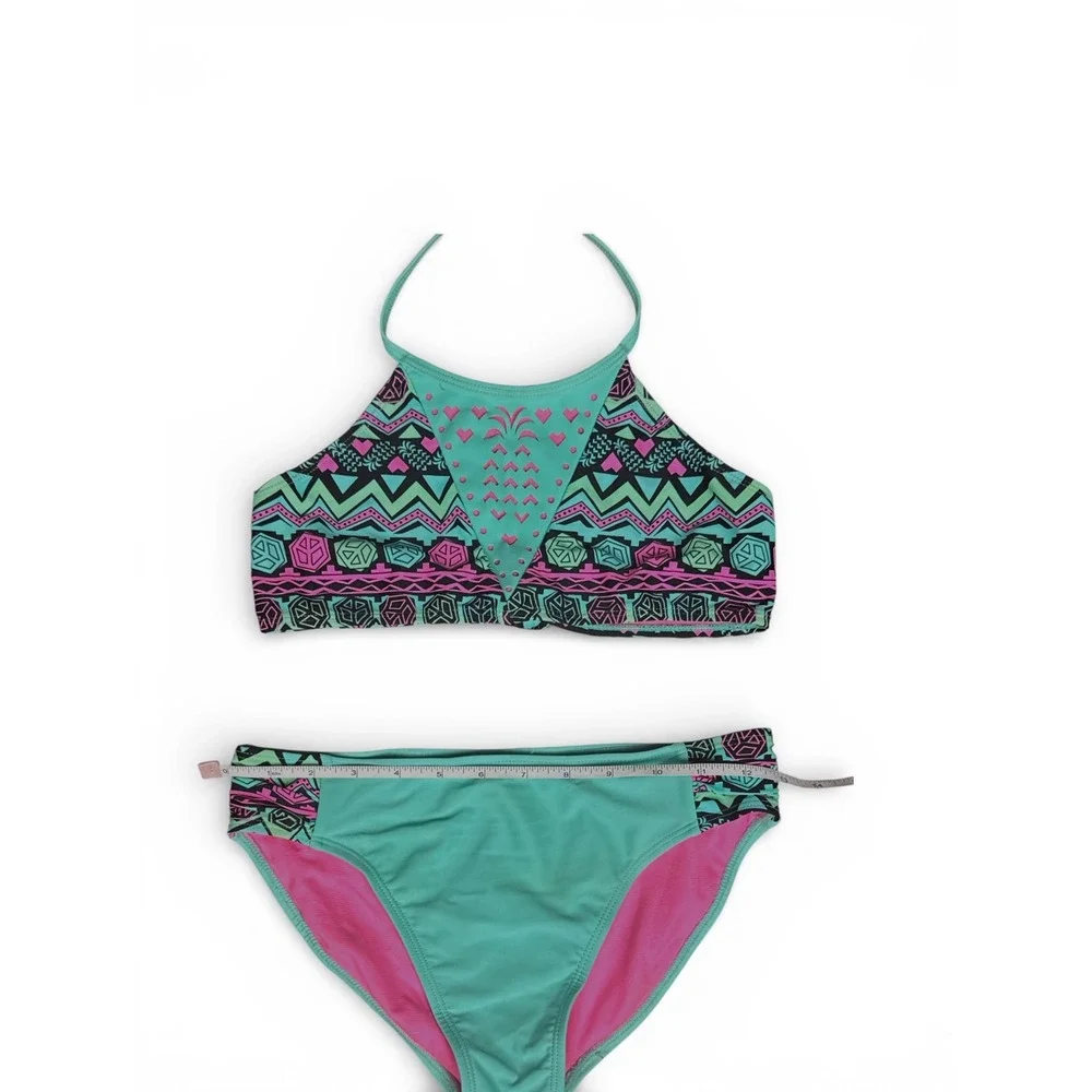 Girls Two Piece Bikini Swimsuit Turquoise Pink Tribal Print Halter Swim‎ Set